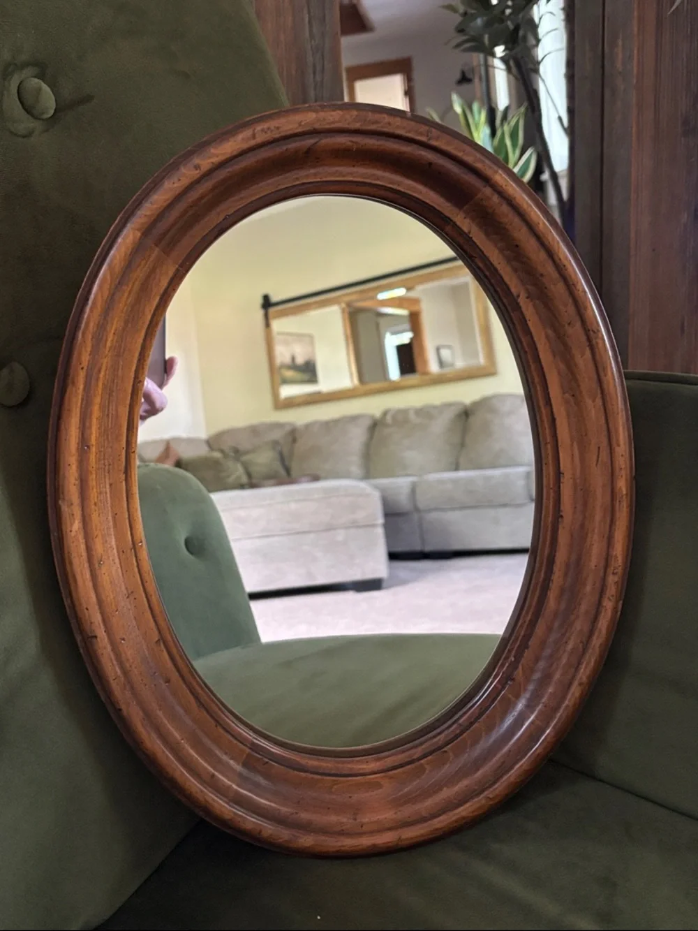 Vintage Oval Wall Mirror with Warm Brown Wood Frame 15-1/2” x 12”